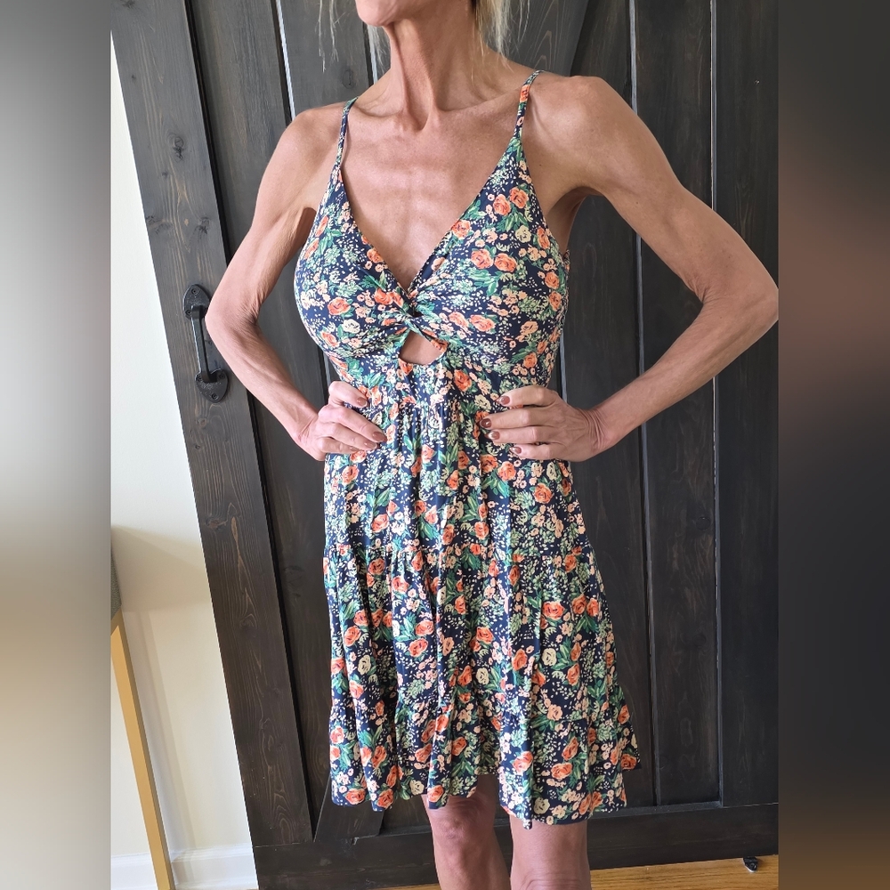 Angie Floral Twist Front Mini Dress - Navy and Orange